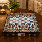 Pure Silver Meenakari Chess Set – 32 Rajasthani Silver Pieces on Wooden Board