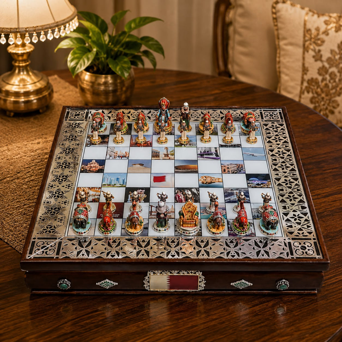 Pure Silver Meenakari Chess Set – 32 Rajasthani Silver Pieces on Wooden Board