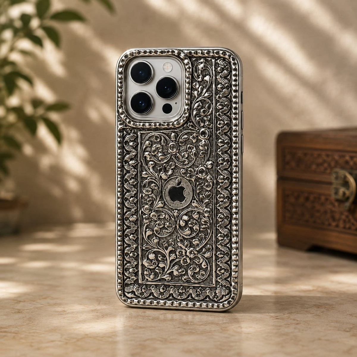 Phone Cover – Floral Scroll with Beaded Border