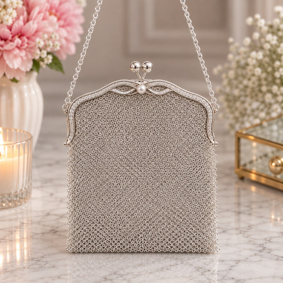 Silver Mesh Bag – Butterfly Clasp & Chain Strap